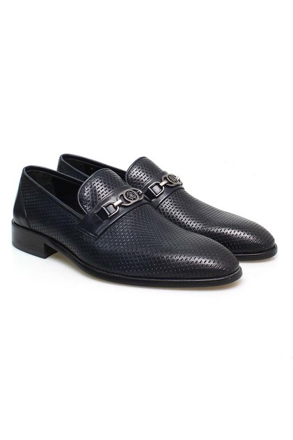 Dark Blue Color Laceless Genuine Leather Men's Shoes