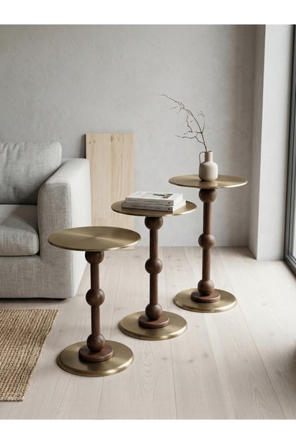 3'lü Ahşap Metal Sehpa Pirinç Kaplama 50-55-60 cm Naturel Ceviz Zigon Sehpa Modern Yan Sehpa Seti