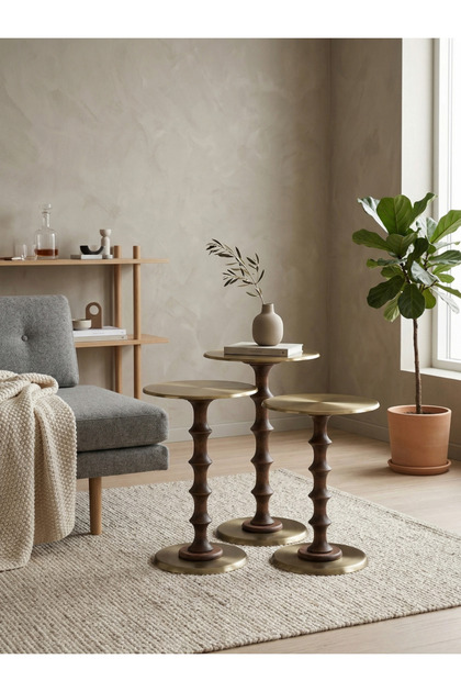 3'lü Ahşap Metal Sehpa Pirinç Kaplama 50-55-60 cm Naturel Ceviz Zigon Sehpa Modern Yan Sehpa Seti