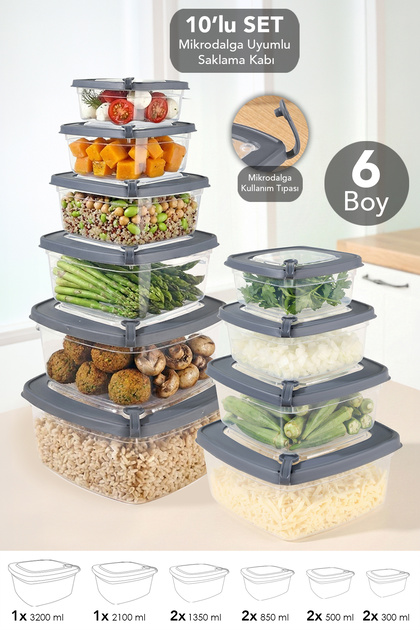 10-Piece Square Transparent Microwaveable Lid Storage Container - Microwave Safe Organizer Food Container Gray