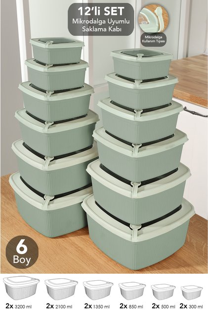 12-Piece Square Striped Microwaveable Lid Storage Container - 6 Sizes Microwaveable Food Container Green