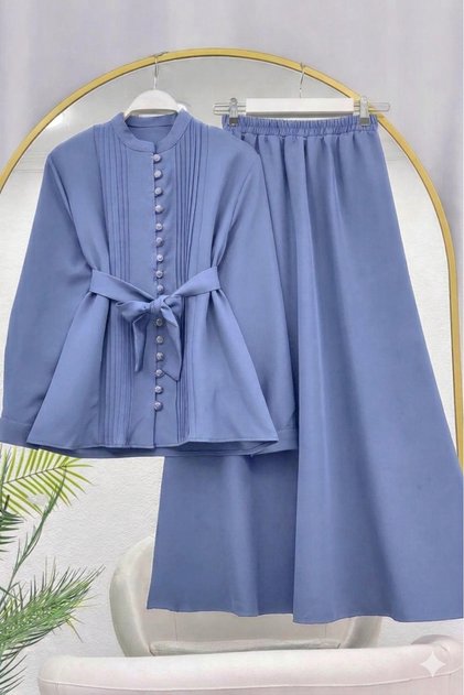 Women's Hijab Double Set Shirt Skirt with Belt, Button Detail, Stylish and Elegant Combination