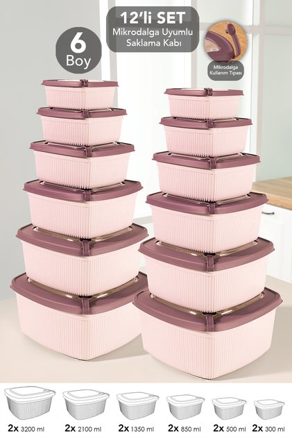 12-Piece Square Striped Microwaveable Lid Storage Container - 6 Sizes Microwaveable Food Container Pink