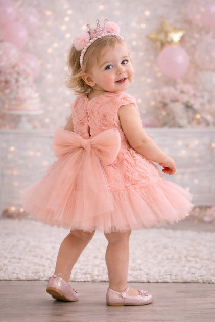 Mira Rose Embossed Baby Girl Dress with Bow on the Back