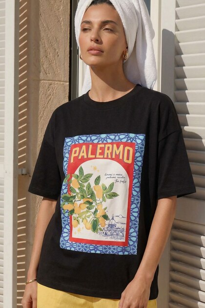 Women's Oversize T-Shirt Palermo Lemon Printed Black – Crew Neck, Comfortable Fit, 100% Cotton
