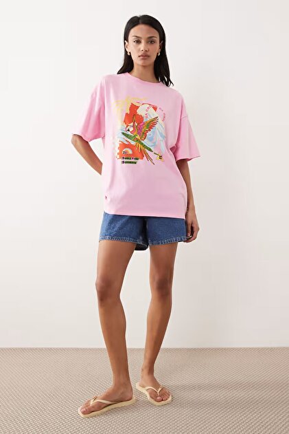 The Champ Clothing Kadın Oversize Tişört Costa Parrot Baskılı