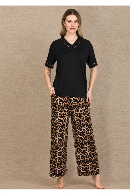 Black Color, Leopard Printed Pcs 12691 Cotton Viscose Women's Short Sleeve Pajama Set