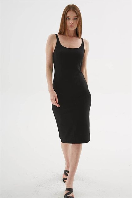 Square Collar Midi Black Women's Dress 26Y0299K1