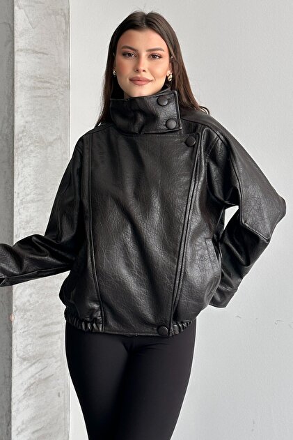 moda armanc Women's Bitter Brown Oversize Leather Jacket Stand