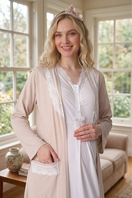 beige dressing gown womens Women's Théa Cashmere Dressing Gown – Beige main image 1