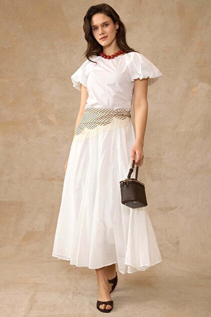 Olcay Beli Gathered Poplin Flared Skirt White 7072- Trendyol Olcay Beli Gathered Poplin Flared Skirt White 7072- Trendyol