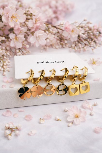 3 ÇİFT FARKLI MODEL GOLD KADIN ÇELİK KÜPE