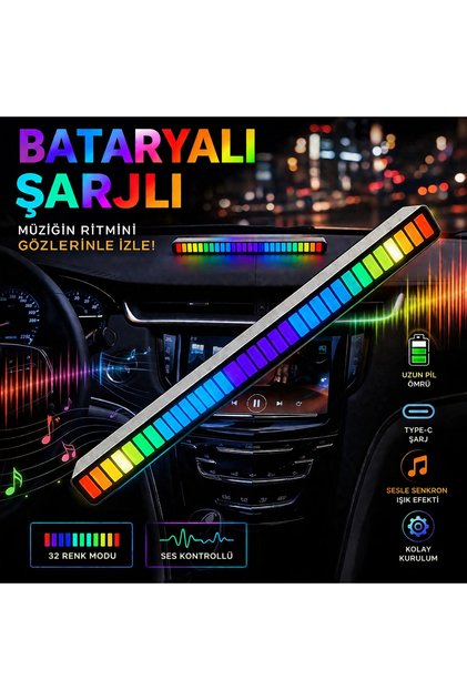 Araç İçi Müzik Ritmine Duyarlı RGB Ekolayzer LED Işık Çubuğu Bataryalı (1 ADET)
