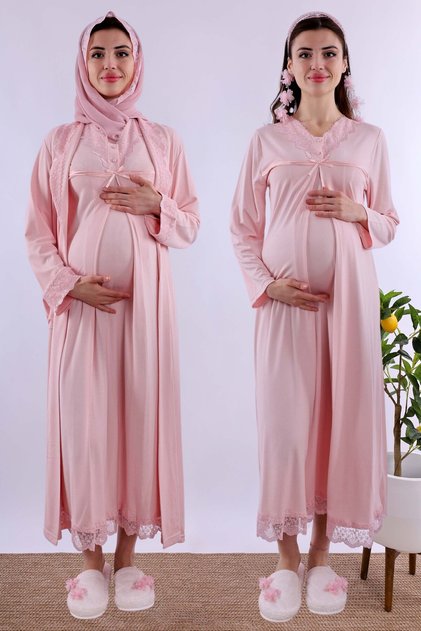 Hijab-Friendly Cotton Robe Maternity Nightgown Set with Breastfeeding Feature Effortt - Pink