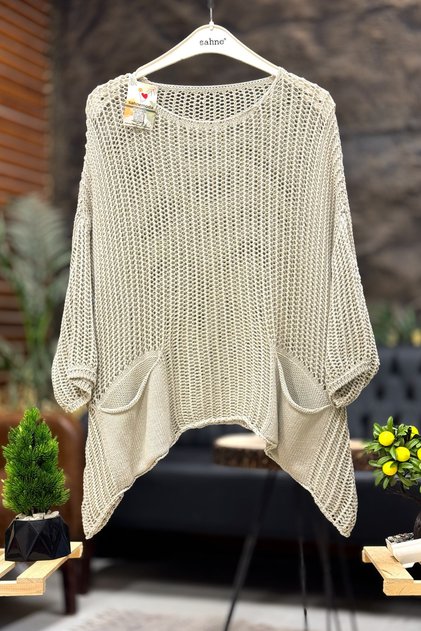 Washable Pocketed Casual Mesh Organic Knitwear Blouse
