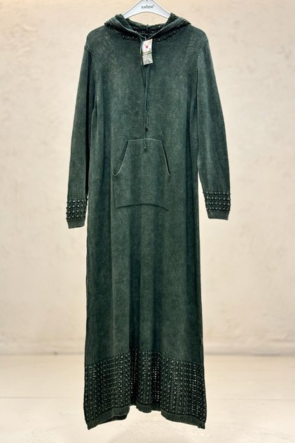 Openwork organic long dress with skirt and hood