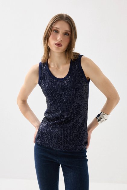 Sequin Pullover Athlete Blouse - Navy Blue