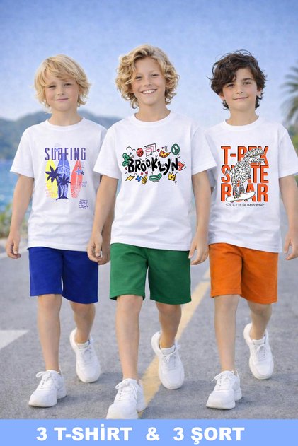 Surf and Dinosaur Printed Cotton Combed 3-Piece Summer T-Shirt-Shorts Children's Set