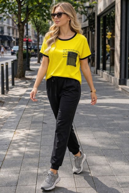 Women's Patterned T-Shirt Comfortable Cut Casual Top 26Y22034-Yellow-18