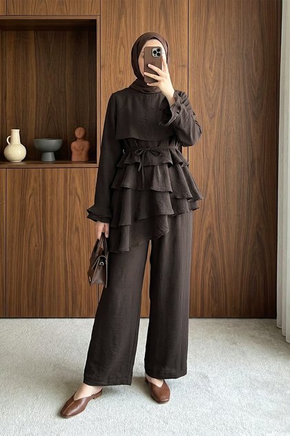 Asymmetrical Layered-Lined Cupra Tunic and Pants Set - Brown - Brown