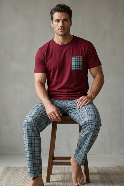 Burgundy Green Plaid Patterned Pocket Embroidery Knitted Short Sleeve Pajama Set 8000