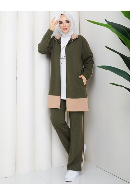 Women's 3-Piece Tracksuit Set, Two-Thread Cotton, Long Zipper N-05513 _ Khaki