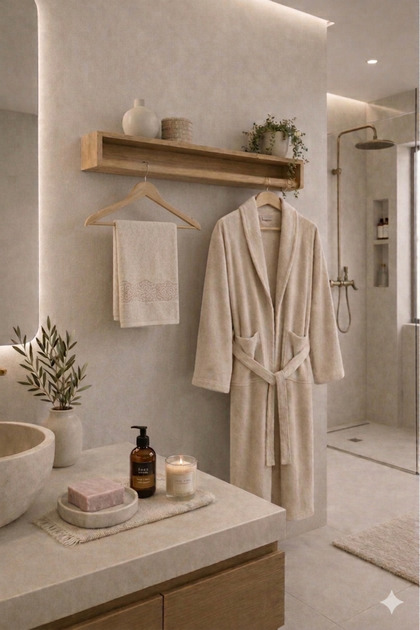 Premium 100% Cotton Bathrobe Set, Dowry Bath Set with Soft Textured Towel (Cream Beige)