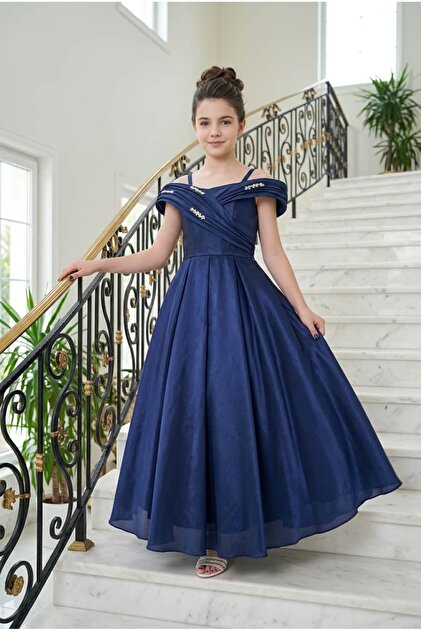 blue prom dresses for 10 year olds SIRRI Girl's Navy Shoulder Detailed Long Evening Dress 10-15 Years Old handmade dresser line cocktail dress with SHEIN SXY Solid Criss Birthday dress Color:Ivory/Lilac