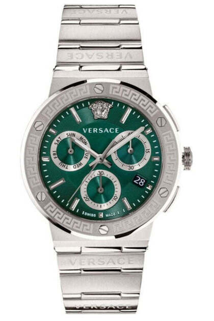 Greca Logo Chrono Green Dial Silver Steel Strap Men's Watch - VEZ900121