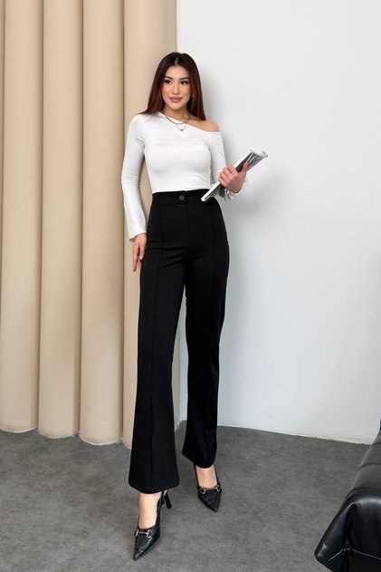 Women's High Waist Buttoned Zippered Lycra Black Straight Casual Ribbed Palazzo Trousers