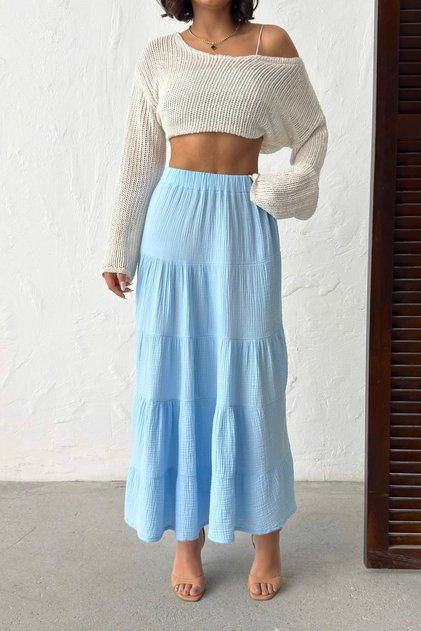 Women's Blue Elastic Waist Muslin Midi Skirt Nj132