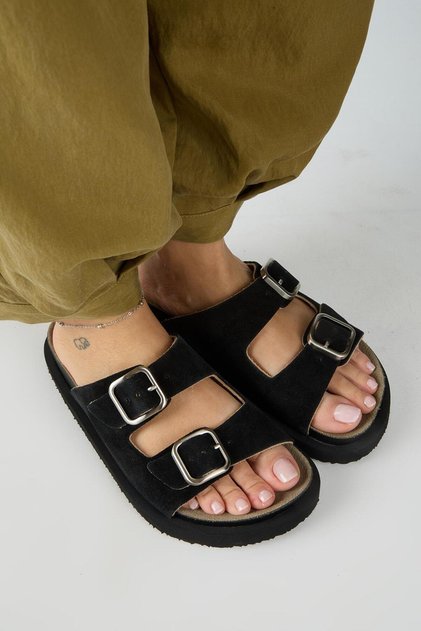 Sevalli Women's Leather Genuine Leather Double Buckle Black Slippers