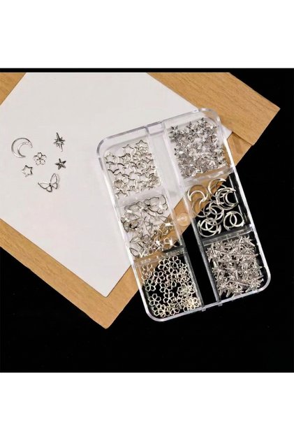 Ay Yıldız ve Kelebek Dizayn 6 Grit Metal Tırnak Süsleme Charm Silver Nail Art Charm Taşları WN-531