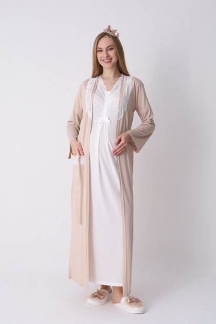 2-Piece Maternity Set with Short Sleeve Nightgown and Robe