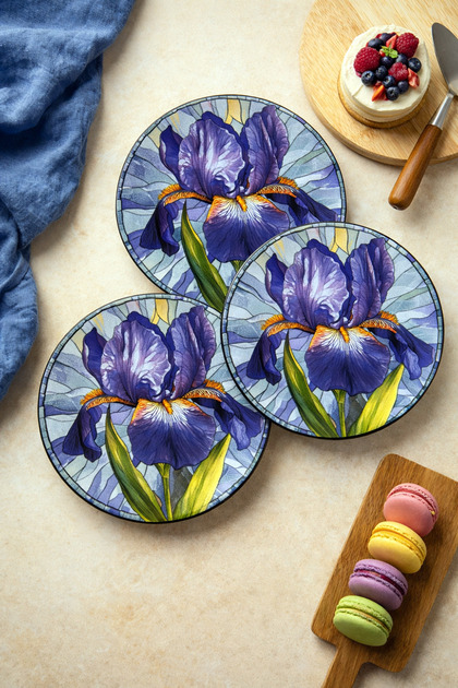 Mor İris Çiçek Desenli Pasta Tabağı (6 Adet, 20 CM) Modern Sanatsal Sunum Tabağı