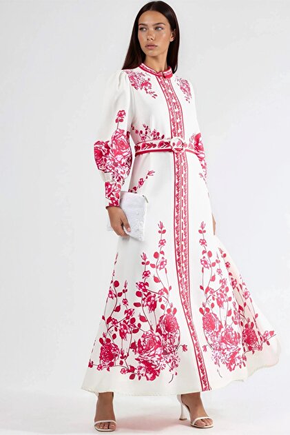 Hiccup MSN Floral Lace A-Line Mandarin Collar Maxi Dress- Trendyol