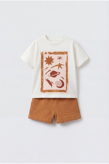 Unisex Baby Cotton Ecru Space Themed T-Shirt Shorts Set