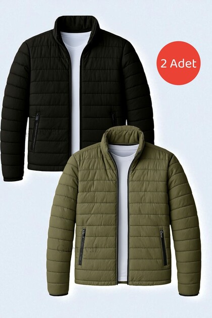 2 Pieces Men's Double Pocket Lined Padded Quilted Coat Jacket