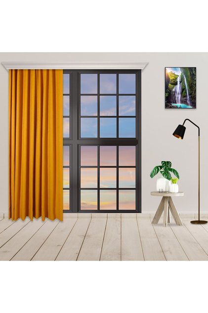Battery-Free Single Wing Mustard Yellow Color Background Curtain, Background Curtain with Bird Cord Decoration