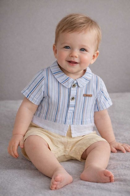 100% Cotton Striped Shirt Detailed Muslin Fabric Baby Romper