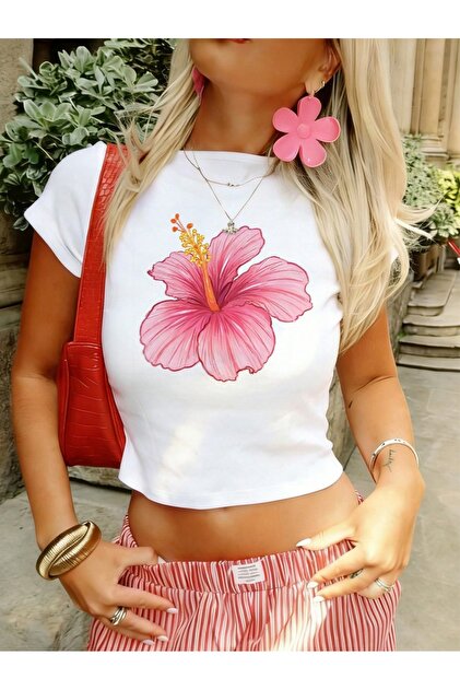 -Women's Hibiscus Flower Printed Crop T-Shirt 100% Cotton