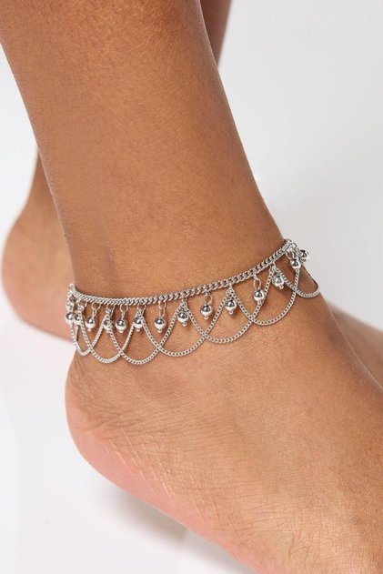 Silver Color Multi-Chain Anklet with Dangling Ball Figure