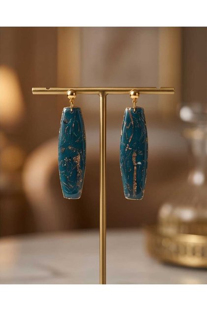 Green Gold Drop Polymer Clay & Epoxy Handmade Nail Earrings (Stainless Steel Hardware)