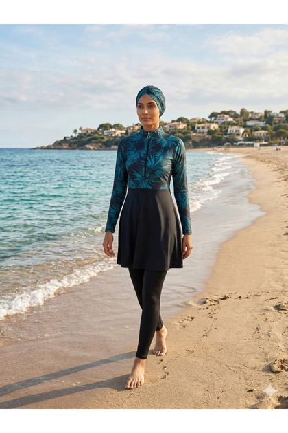 Women's Black Leaf Patterned Full Covered Hijab Swimsuit