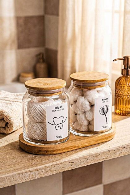 Serra - Bambu Standlı Vakum Bambu Kapaklı Etiketli Banyo Düzenleyici Cam Banyo Seti Banyo Organizeri