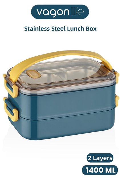 1400 ml Bento Lunch Box New Generation Lunch Box for Office-School 2 Layers with Carrying Handle Steel Ff