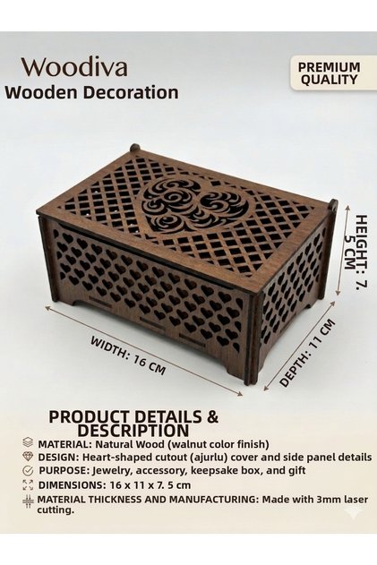 Woodiva Walnut Color Heart Patterned Wooden Memory and Jewelry Box (16X11X7.5 cm)