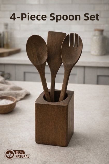 Natural Beech Wood 4-Piece Spoon Holder Set – Kitchen Utensils with Stand