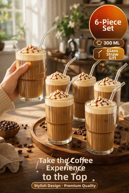6-Piece Origami Glass Model Borosilicate Cold Coffee Cocktail Soft Drink Cup 300 ml - 6-Piece Glass Straw Gift