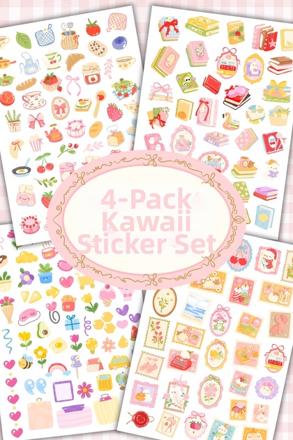 Kawaii Themed Sticker Set of 4 15X21 cm for Bullet Journal and Scrapbook